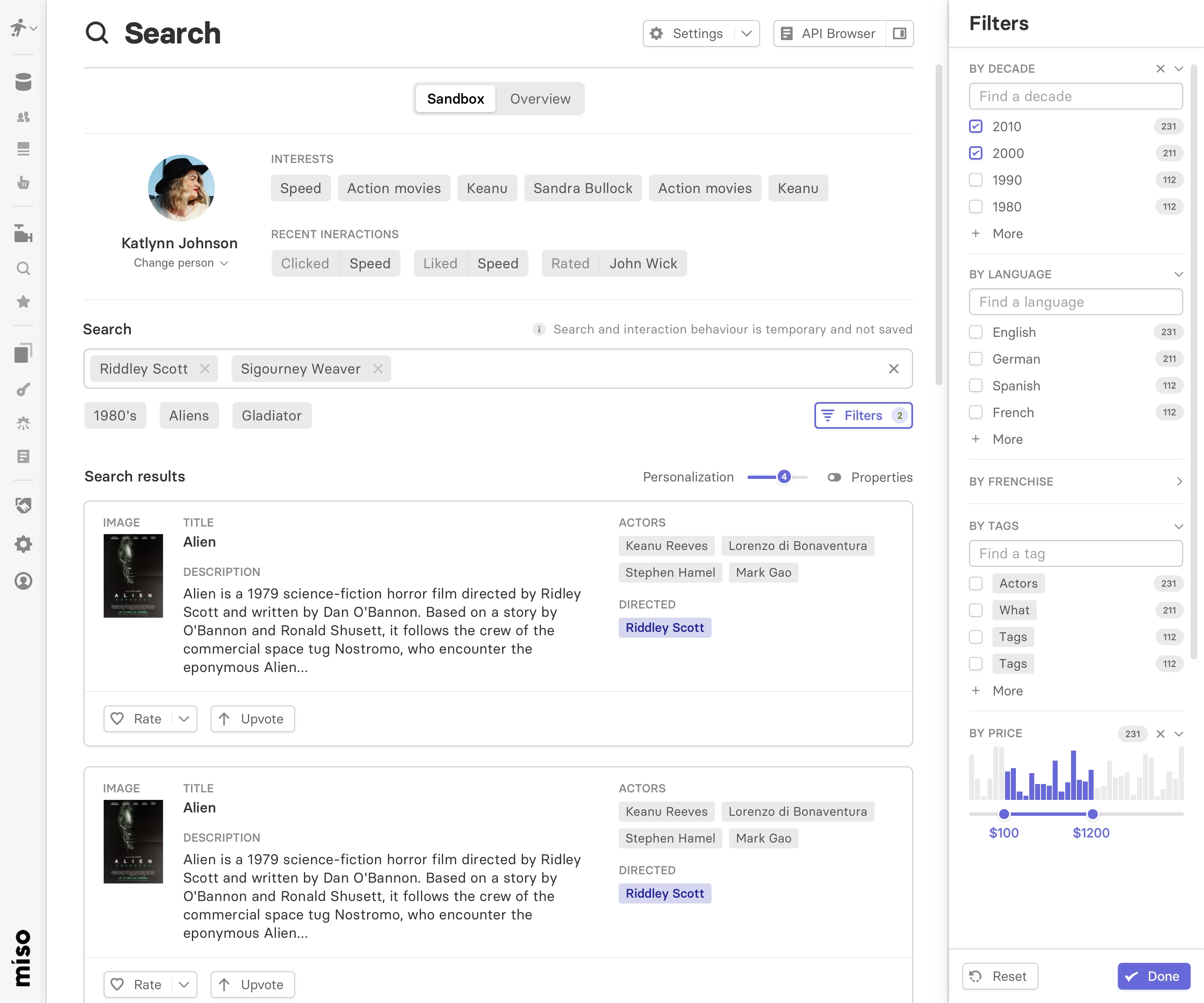 Sandbox — searching filters
