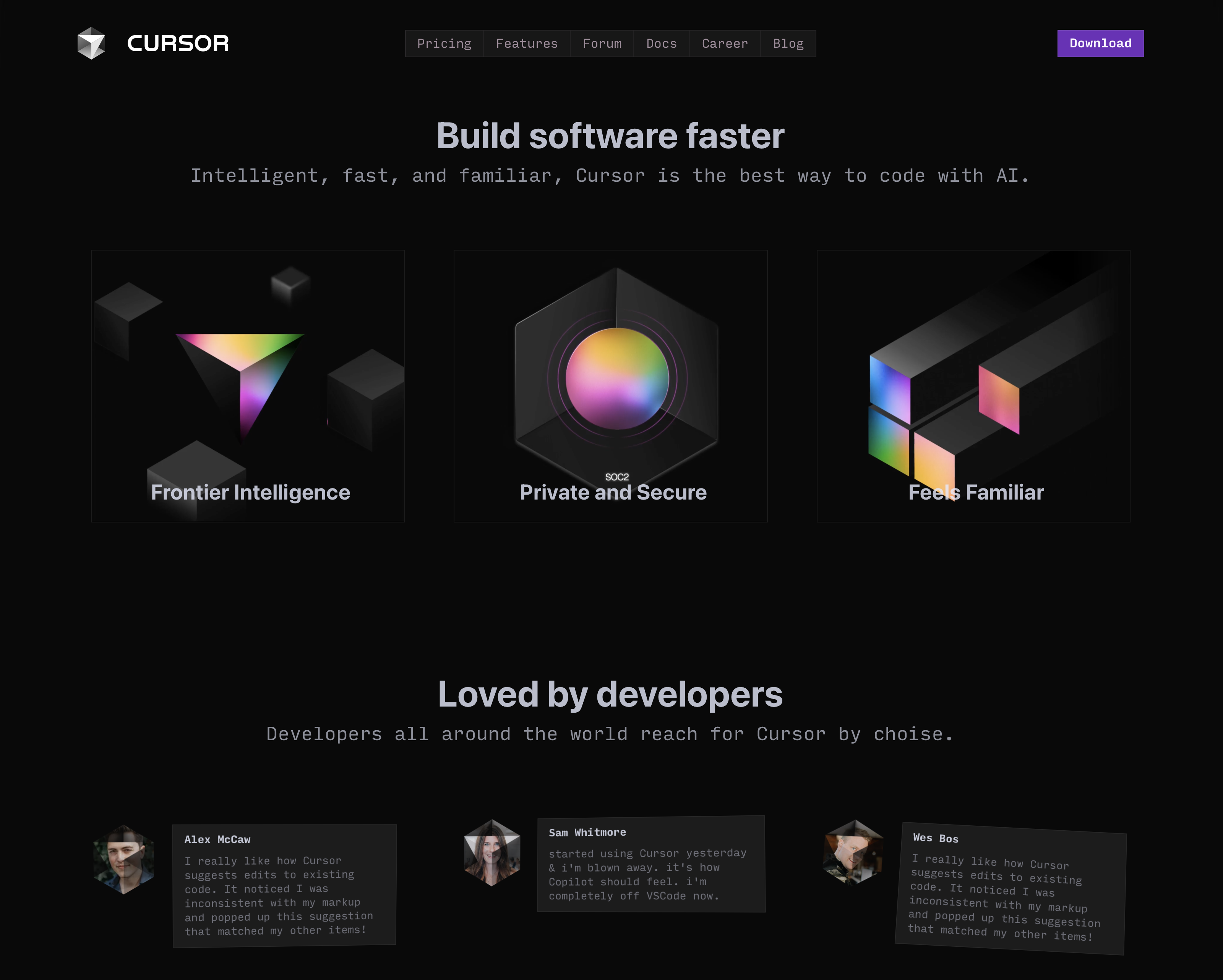 Features grid and testimonials