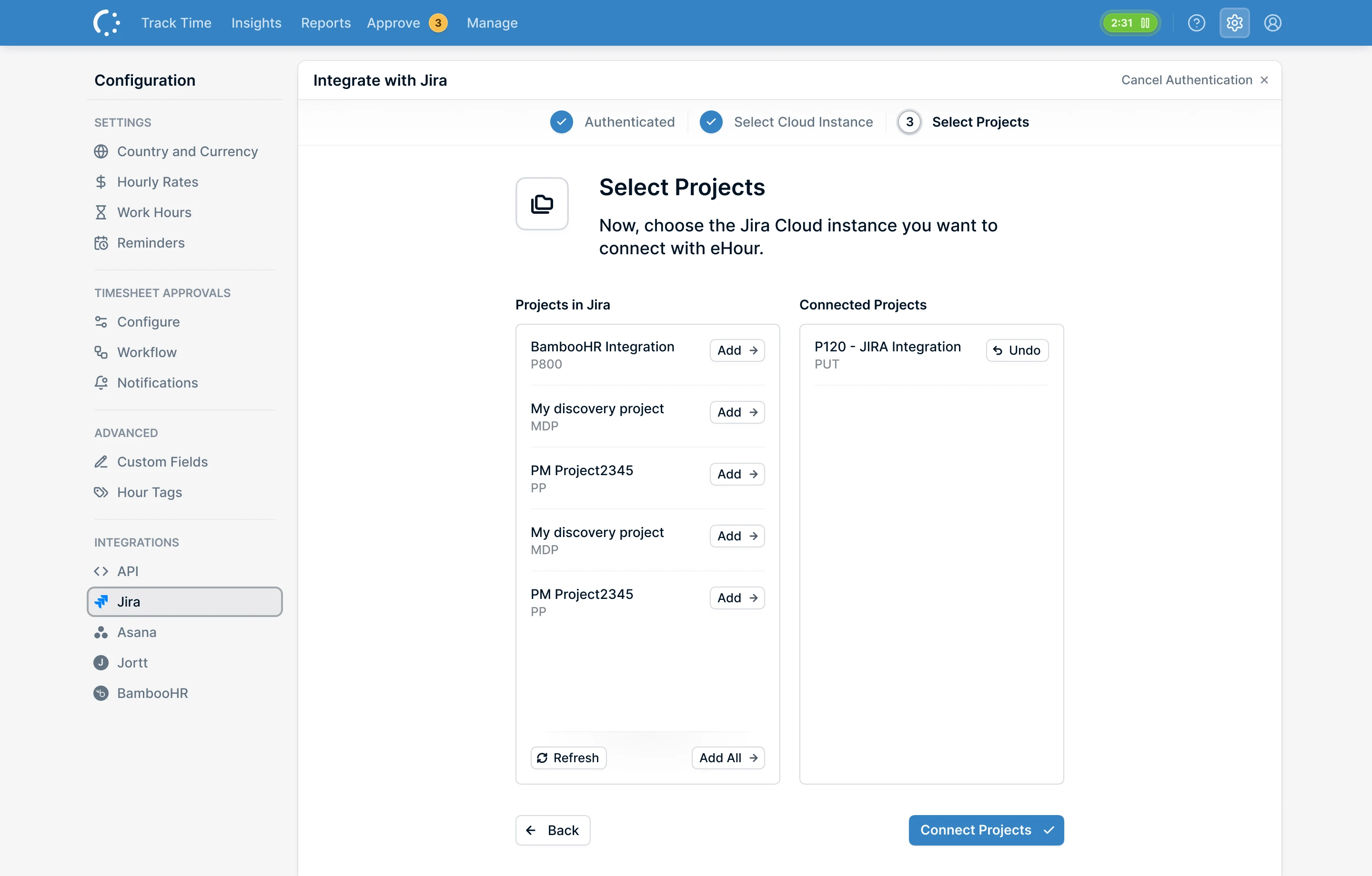 Settings / Jira / Select Projects
